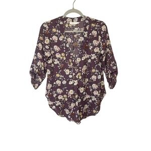 Lush‎ Floral Print Blouse Top Women's XS 3/4 Sleeve Plum Purple